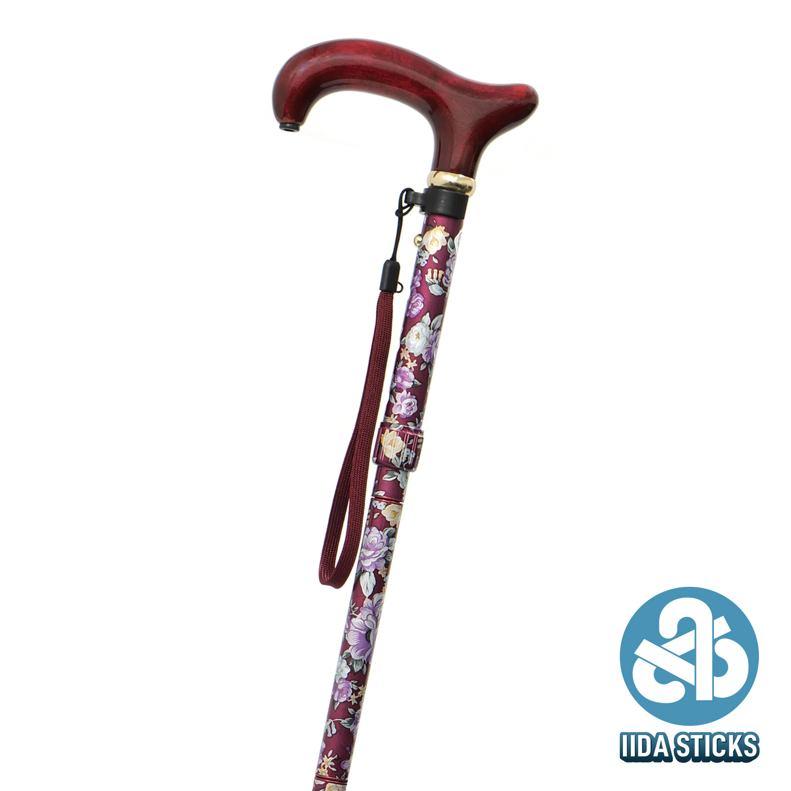 【IIDA STICKS 折りたたみステッキ】 アルミ5段折り花柄〈赤〉IK-06-RE　折りたたむとわずか21cm！