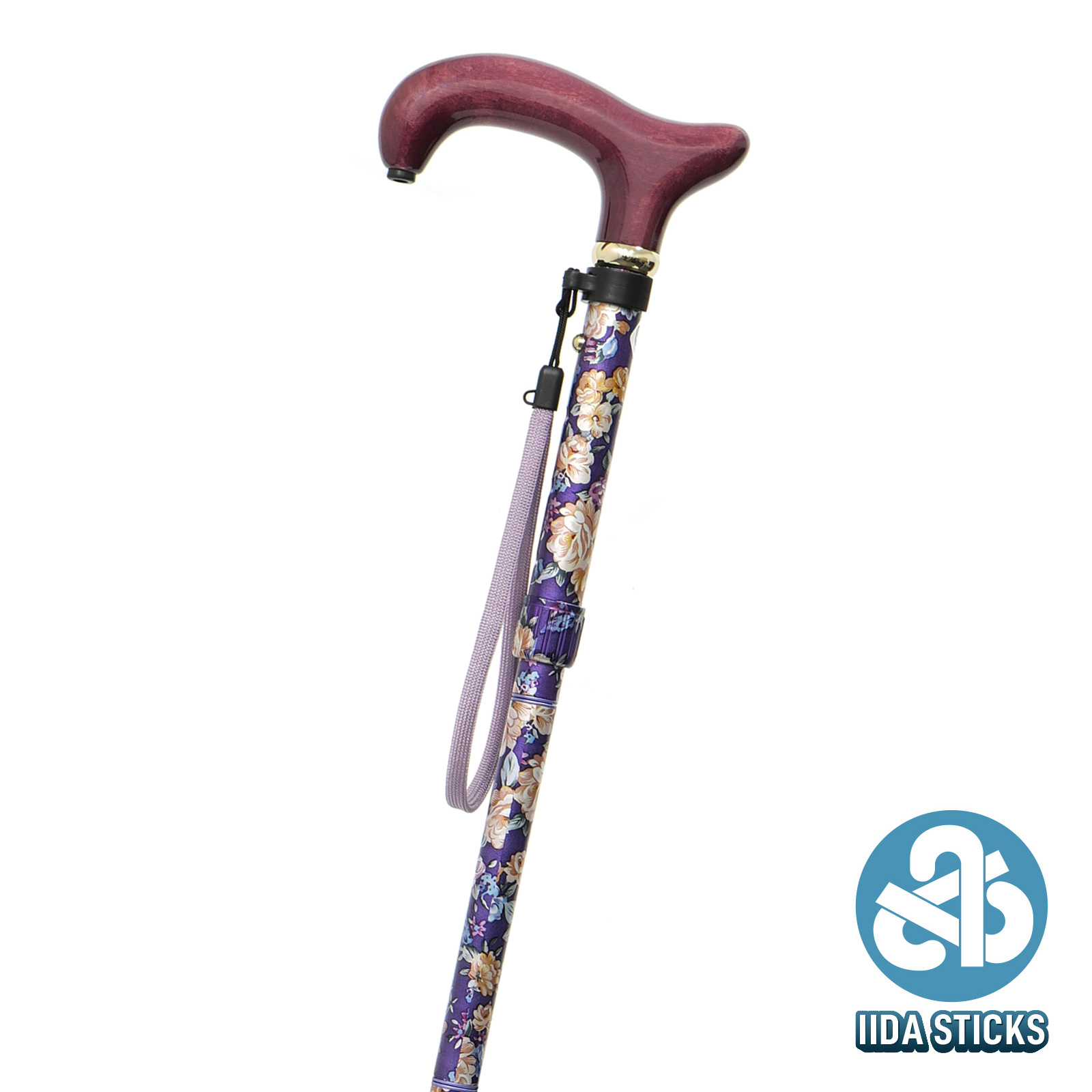 【IIDA STICKS 折りたたみステッキ】 アルミ5段折り花柄〈紫〉IK-06-PA　折りたたむとわずか21cm！